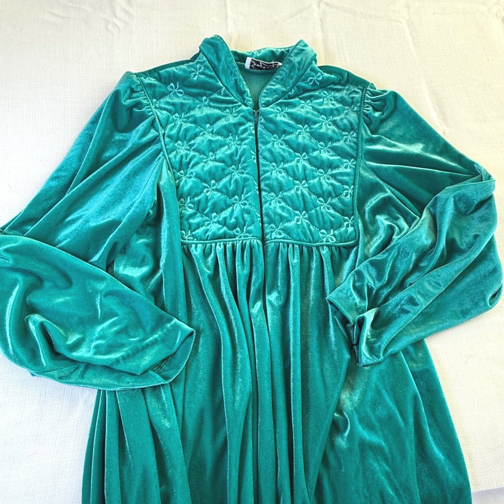 Vintage Saybury Emerald‎ Green Velour Quilted Bodice Zip Front Maxi Robe Gown